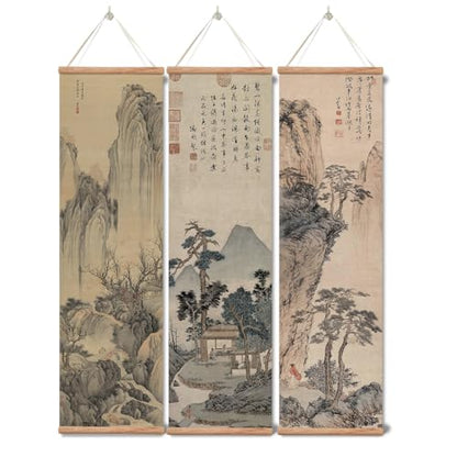 xinyuru Chinese Ancient Landscape Wall Art Poster,Tradition Canvas Printing,Oak Wood Scroll Painting Decor for Bedroom Living room (Landscape 01, 12”x41”x3 Piece)