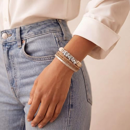 Edoneery Leather Wrap Bracelet for Women, Boho Handmade Multi-Layer Cuff with Crystal Beads Heart, Stackable Bangle Western Jewelry Gift - style: Silver Stone(Beige)