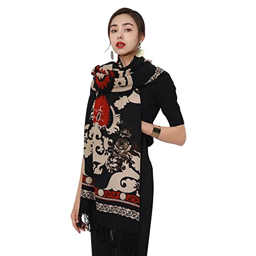 100% Merino Wool Pashmina Shawl for Women 96"x43", Oversized Cashmere Wrap with Tassels, Floral Travel Blanket Cape - color: Black Beige Classic Kazakh