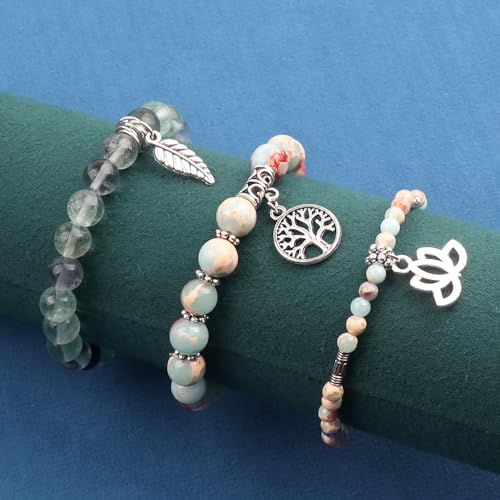 Tree of Life Yoga Healing Stone Bracelets,Multilayer Lotus Chakra Stone Reiki Bracelet Sets,Anxiety Crystal Natural Stone,for Women Stress Relief - style: Shoushan Stone+Fluorite