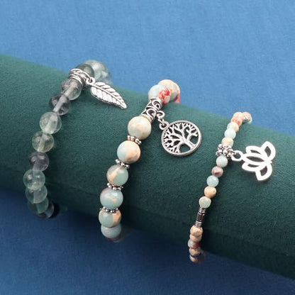 Tree of Life Yoga Healing Stone Bracelets,Multilayer Lotus Chakra Stone Reiki Bracelet Sets,Anxiety Crystal Natural Stone,for Women Stress Relief - style: Shoushan Stone+Fluorite