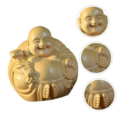 Hand-Carved Maitreya Buddha Wooden Decoration Small Desktop Ornament Unique Boxwood Sculpture for Home Zen and Spiritual Table Adornment Stable Flat Bottom Design