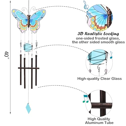 Taman Wind Chimes, 40" Butterfly Glass Wind Chime Colourful Wings Decorative Valentine's Day Gift Memorial Sympathy Gift Mom for Home, Outdoor, Yard, Patio,Garden Decor