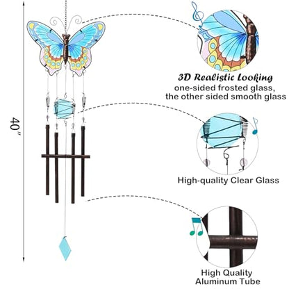 Taman Wind Chimes, 40" Butterfly Glass Wind Chime Colourful Wings Decorative Valentine's Day Gift Memorial Sympathy Gift Mom for Home, Outdoor, Yard, Patio,Garden Decor