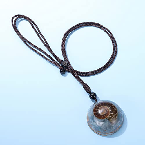 Jovivi 7 Chakra Gemstone Reki Healing Crystal Necklace Round Circle Shape Ammonite Fossil Resin Chip Stones Pendant Necklace for Women Men Life Tree Jewelry Christmas Gifts - color: Ammonite Fossil - Aquamarine