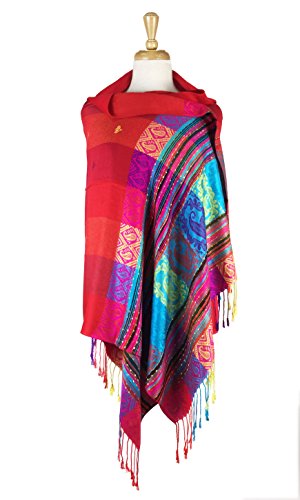 PASKMLNA Double Side Multi Colors Silky Tropical Colorful Exotic Pashmina Wrap Shawl Scarf Rave - color: #1red