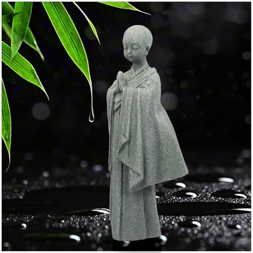 Stone Buddha Statue for Desk, Meditating Monk Statue with Praying Hands, Minimalist Sandstone, Exquisite Asian Zen Decor for Home/Office (5.3 Inch)