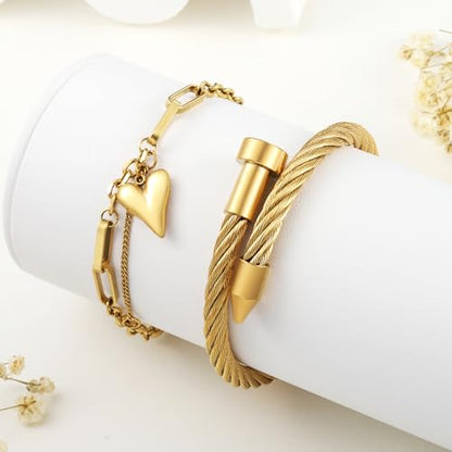 2PCS 18K Gold Plated Nail Bangle & Chain Bracelet Set for Women, Adjustable Stackable Bangle Jewelry, Dainty Gold Bracelet Gift for Women - color: Set J