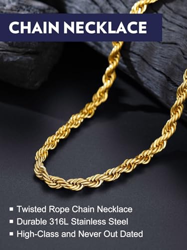 Bandmax Solid 1.5mm/2mm/3mm/6mm Rope Chains for Men Women 14K Gold Plated/Black Plated Stainless Steel Twist Chain 16-30 Inches, with Gift Box - color: 11 6MM Gold Plated