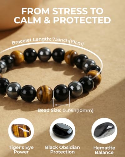 Triple Protection Bracelet for Men & Women - Natural Tiger Eye, Black Obsidian & Hematite Beaded Bracelet - 10mm Healing Crystals for Luck, Prosperity & Spiritual Protection - Meaningful Gift - color: Colorful (Set 66)