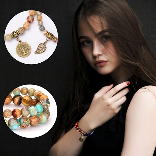 Bivei Natural Semi Precious Gemstone beads bracelet for women - Life Tree and Leaf Charm Energy Reiki Crystal Stretch Bracelets - color: Sea Sediment Bracelet Set, size: Small:6.61-6.7inch