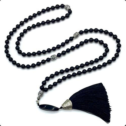 Mala Prayer Beads - Mala Necklace - Tibetan Mala Prayer Beads Meditation Beads Yoga Necklace - color: NATURAL BLACK AGATE STONE - 8MM - 108 BEADS