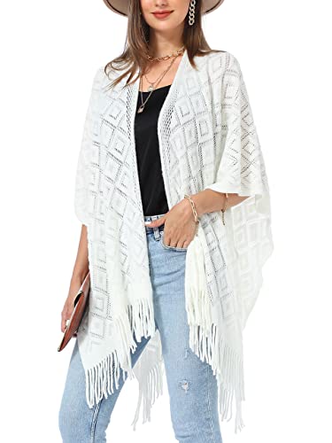 Soul Young Knit Shawl Wrap for Women Ladies Fringe Poncho Blanket Cardigan Cape - color: Z Rhombus Cream White