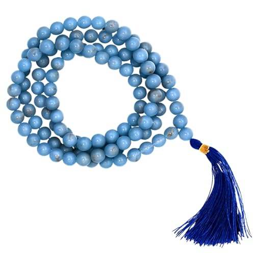 Amazing Gemstone Japa Mala 108 Prayer Beads Necklace and Wrist Mala Bracelet for Meditation - color: Angelite, size: Without Knots