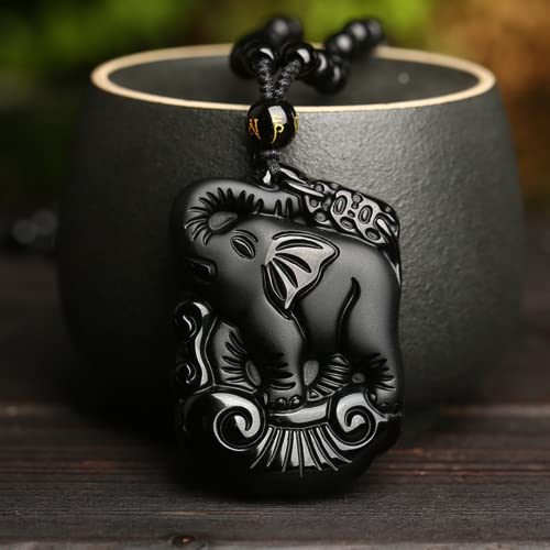 Black Obsidian Necklace Protection Pendant with Extended Bead Chain Healing Crystal Stone Amulet Necklace for Men Women - color: ElephantA