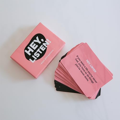 Hey Listen Affirmation Cards, 53 Daily Positive Motivational Cards with Wooden Stand, Boost Confidence, Achieve Goals, Mindfulness Inspirational Meditation Cards, Self-Care, Funny Gifts