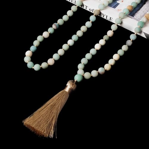 8mm Natural Stone 108 Mala Beads Necklace for Men and Women - color: Mattle Amazonite