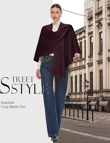 PULI Womens Large Cross Front Poncho Sweater Wrap Topper Knitted Elegant Shawls Cape for Fall Winter - color: Extra Warm Burgundy