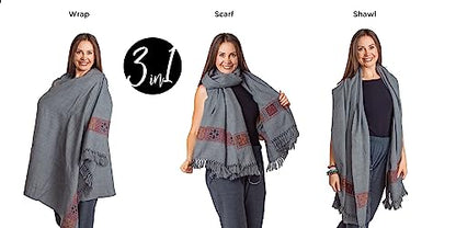 Meditation Shawl or Blanket, Vegan Wool Wrap, Oversize Scarf, Indian Blanket. Unisex - color: Grey