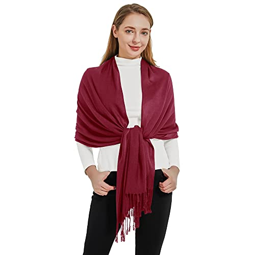 Soft Silky Pashmina Shawl Wraps Solid Colors Scarf for Wedding Evening Dresses - color: N-burgundy