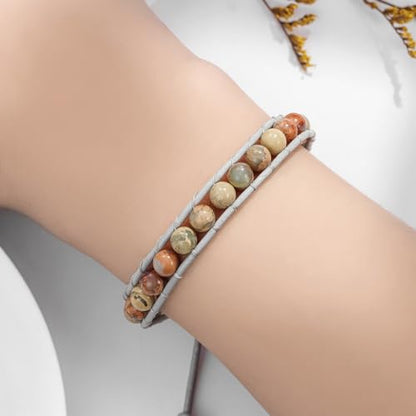 Plumiss Women Boho Handmade Natural Stone Crystal Leather Bead Wrap Bracelets Collection - style: 6mm Agalmatolite 1W