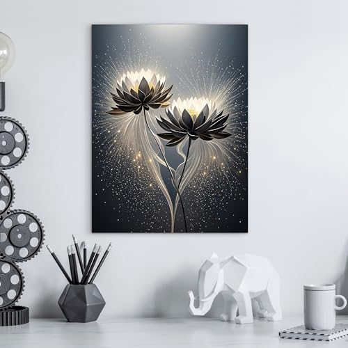 ketilly Black Lotus Canvas Print- Mystic Zen Wall Art with Gold Dust Effect, Modern Abstract Painting, Celestial Artwork for Living Room, Bedroom, Meditation Space 12''x15''