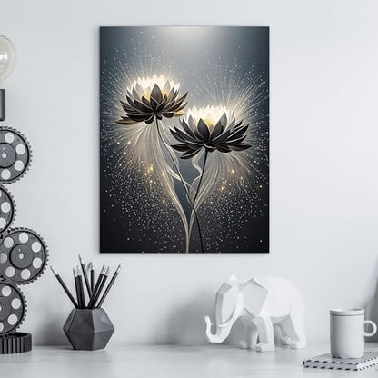 ketilly Black Lotus Canvas Print- Mystic Zen Wall Art with Gold Dust Effect, Modern Abstract Painting, Celestial Artwork for Living Room, Bedroom, Meditation Space 12''x15''