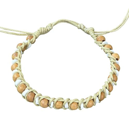 BlueRica Handmade Macrame Bracelet, Wood and Puka Shell Beads, Adjustable, Black Cord, Unisex - style: Natural & Small Beads