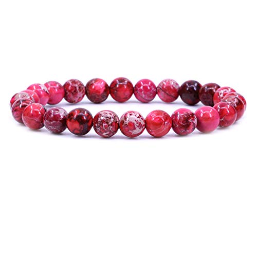 Keleny Gem Semi Precious Gemstones 8mm Natural Quartzite Stone Round Beads Crystal Stretch Bracelet 7 Inch Unisex - color: Dyed Rose Sediment Jasper