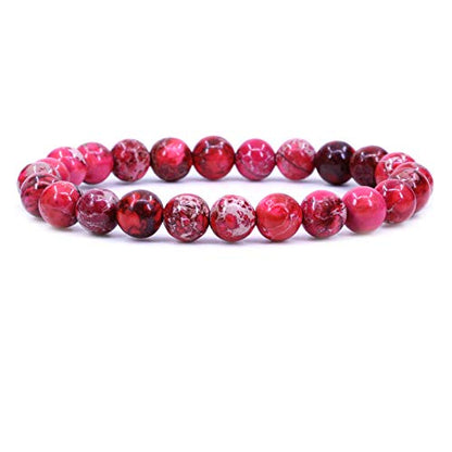 Keleny Gem Semi Precious Gemstones 8mm Natural Quartzite Stone Round Beads Crystal Stretch Bracelet 7 Inch Unisex - color: Dyed Rose Sediment Jasper