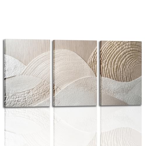 skysoon 3 Panels Neutral Abstract Wall Art, Minimalist Textured Canvas Wrapped Wall Decor, Beige Modern Boho Nordic Artwork for Living Room Bedroom Office 12x16 Inch - color: Canvaspainting, size: 12x16 Inch