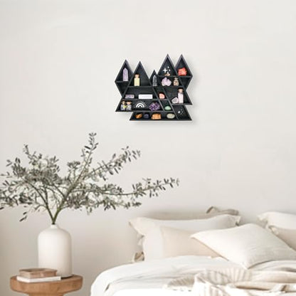Mountain Crystal Shelf Display for Wall, Wooden Triangle Rock Gem Stone Storage Holder, Meditation Room Decor Spiritual Gift, Wall Hanging Organizer for Trinkets, Knick Knacks, Art Collections