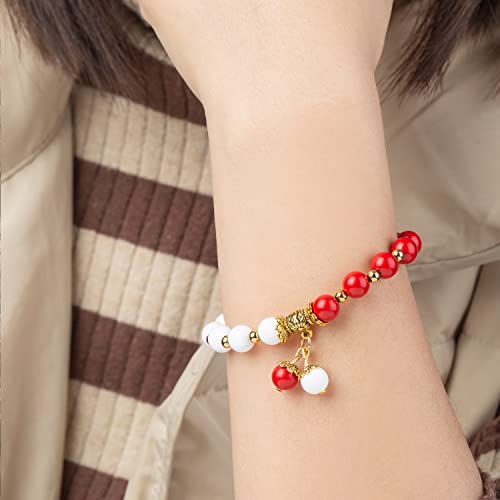 Natural Stretch Gemstone Bracelet Healing Stone Beaded Bracelets for Women Men Gifts (Unisex) - color: red white stone
