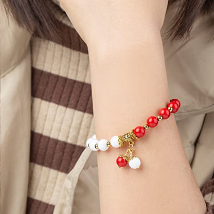 Natural Stretch Gemstone Bracelet Healing Stone Beaded Bracelets for Women Men Gifts (Unisex) - color: red white stone