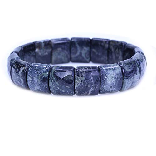 Keleny Gemstones Semi Precious 15mm Square Grain Faceted Beaded Stretch Bangle 7.5 Inch Unisex - color: Green Kambaba Jasper