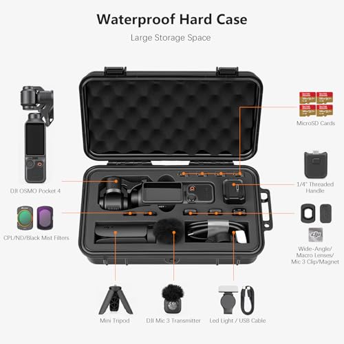 AMAZEAR Waterproof Hard Case Compatible with DJI OSMO Pocket 4 / Xtra Muse, Pocket4 Creator Combo Accessories Small Hard Shell Cover Travel Box for Carrying, Protection, Storage, Organization, Black
