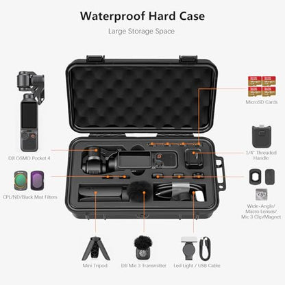 AMAZEAR Waterproof Hard Case Compatible with DJI OSMO Pocket 4 / Xtra Muse, Pocket4 Creator Combo Accessories Small Hard Shell Cover Travel Box for Carrying, Protection, Storage, Organization, Black
