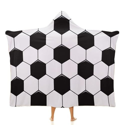 Soccer Ball White and Black Large Size Comfortable Hooded Blanket, Warm Blanket 50"x60" - color: Soccer Ball White and Black, size: 50"x60"