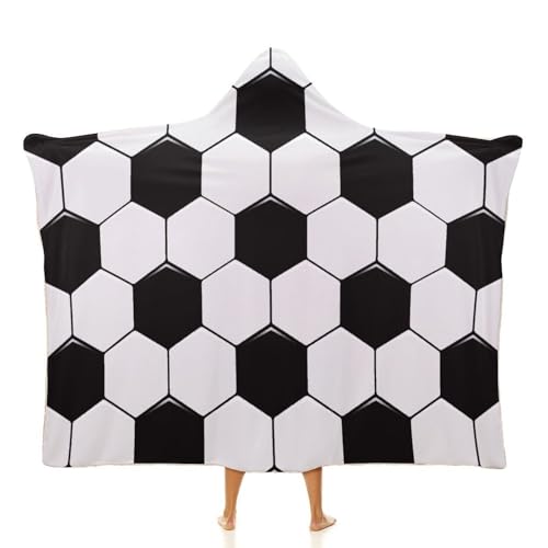 Soccer Ball White and Black Large Size Comfortable Hooded Blanket, Warm Blanket 50"x60" - color: Soccer Ball White and Black, size: 50"x60"