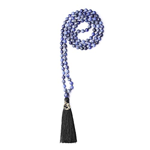 COAI OM Charm Hand Knotted Tassel 108 Mala Beads Necklace - color: Faceted Sodalite, size: 8mm