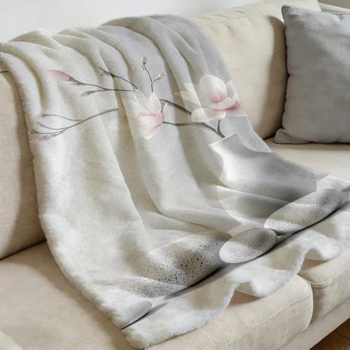 Zen Stones Throw Blanket Ink Wash SPA Decorative Blankets Orchid Rocks Flannel Blanket Black White Gray Meditation Plush Throw for Living Room Bedroom Home Decor 49"x59" - color: Pink, size: 49"x59"