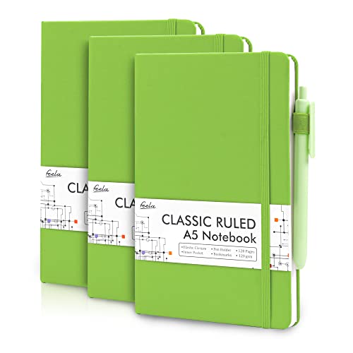 feela 3 Pack Notebooks Journals Bulk, Hardcover Notebook Classic Ruled Lined Journals with Pen Holder for Women Girls School Business Supplies, with 3 Black Pens, 120 GSM, 5.1”x8.3”, A5, Green - color: 3 Green