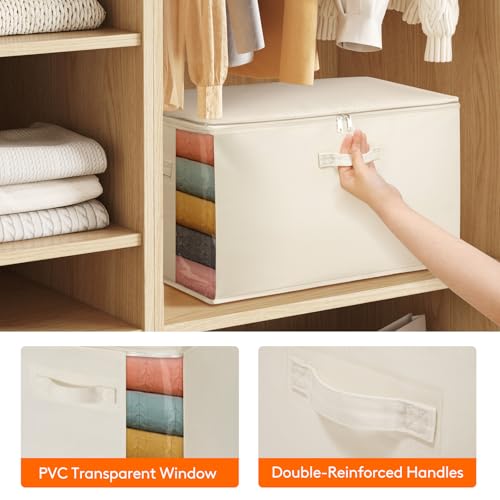 Lifewit Canvas Cotton Comforter Storage Bags with Zipper 4 Pack, 60L Breathable Foldable Clothing Containers, Linen Sweater Organizers Boxes for Clothes, Blankets, Pillows, Duvets, Bedding