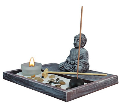 Zen Garden Deluxe Desk Meditation Garden Grey Buddha Statue with Rocks, Tea Light Holder, Rake, Incense and Incense Holder, Sand and Base - Peace & Tranquility (Candle Not Included)