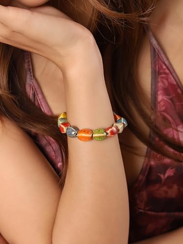 MINACHI Boho Hippie Colorful Ceramic Beads Strand Stretch Bracelet, Bohemian Summer Beach Jewelry Gift for Women - color: S06
