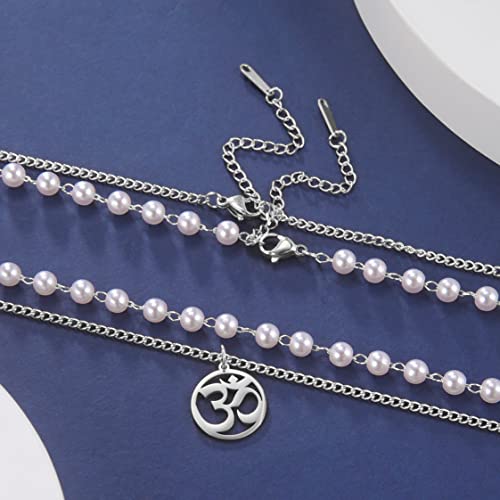 UNIFT Necklace For Women- Aum Om Ohm Sanskrit Symbol Round Pendant Beaded Double Layer Chain Charm Necklace,Hinduism Yoga Sanskrit Personalized Amulet Dainty Pendant Necklace Jewelry - color: pearl chain - silver