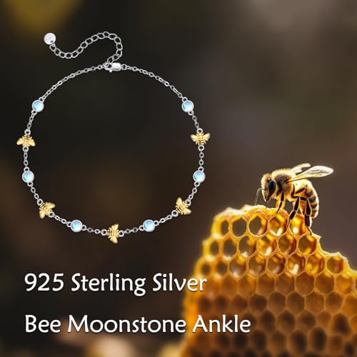CRMAD 925 Sterling Silver Daisy/Sunflower Moonstone Anklet Daisy Flower Ankle Bracelet for Women Beach Dainty Jewelry - size: 7+2 inch, style: bee