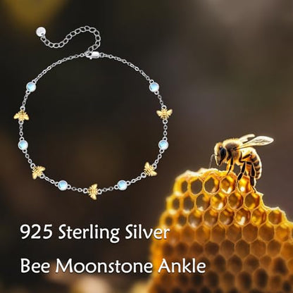 CRMAD 925 Sterling Silver Daisy/Sunflower Moonstone Anklet Daisy Flower Ankle Bracelet for Women Beach Dainty Jewelry - size: 7+2 inch, style: bee