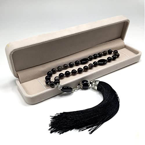 Mala Prayer Beads - Mala Necklace - Tibetan Mala Prayer Beads Meditation Beads Yoga Necklace - color: (POCKET MALA)-Silver Sheen Obsidian Natural Stone -8 mm- 27 Beads