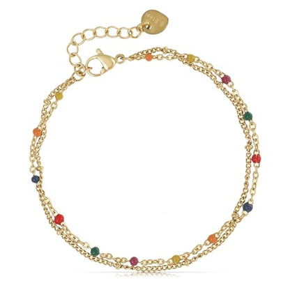 Made by Nami Dainty Gold Link Bracelets for Women Adjustable Double Layered Gold Chain Bracelet with Colorful Beads 7.5" + 2" Chain Extension - color: Colorful